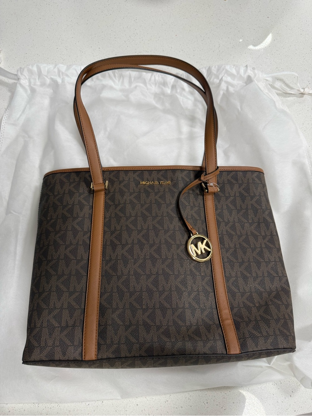 Michael Kors Brown and Tan Logo Tote with Gold Charm